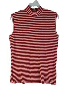 Vintage 70s Macys Mod Micro Stripe Sleeveless Turtleneck Shirt Top Red